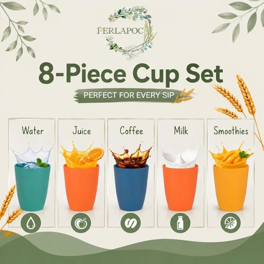 16oz Wheat Straw Cups Set of 8 Reusable Unbreakable Dishwasher Safe Multicolor